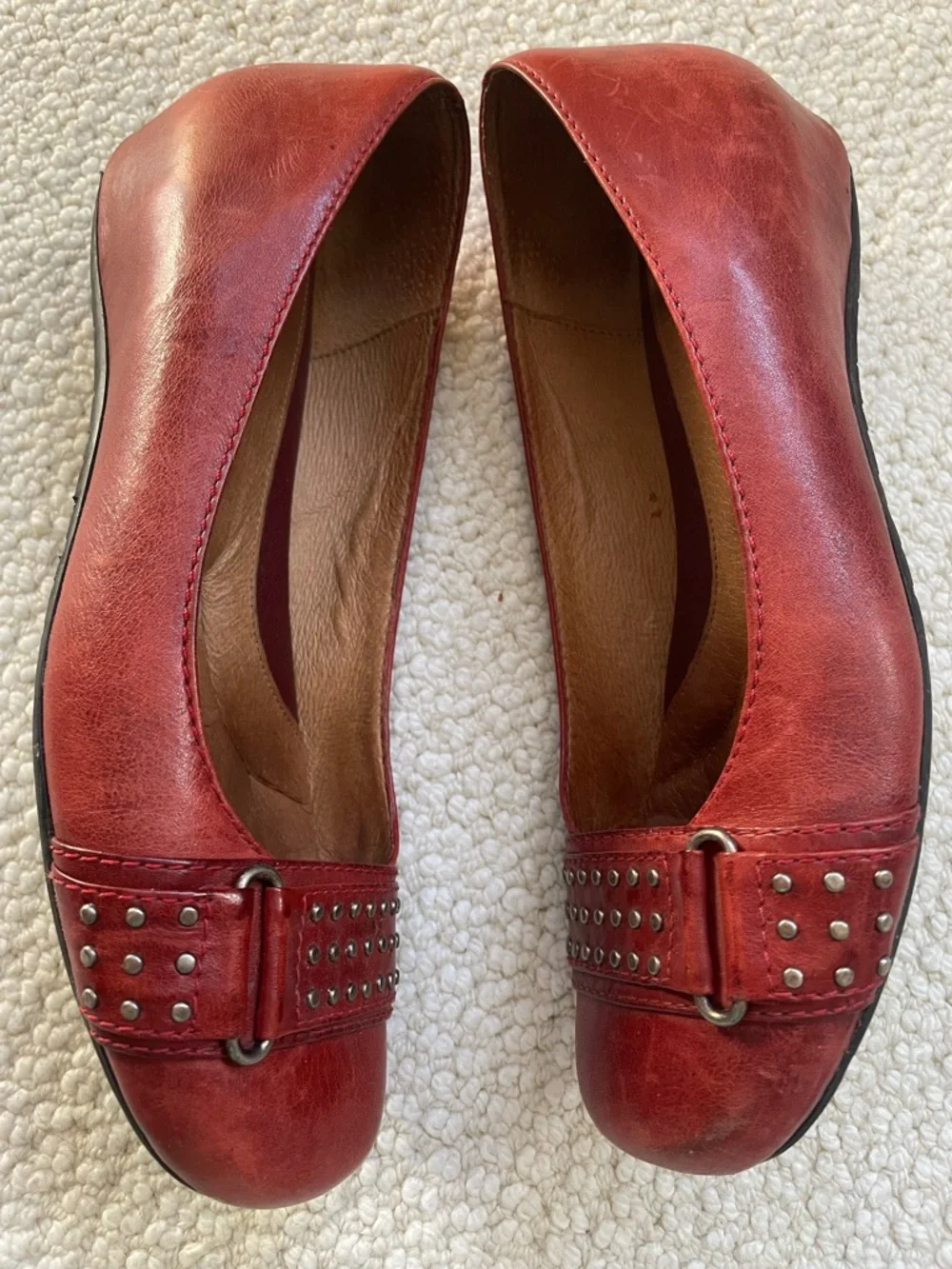 Nurture Red Leather Flats | Studded Strap Comfort Wedge Shoes - Picture 3 of 5
